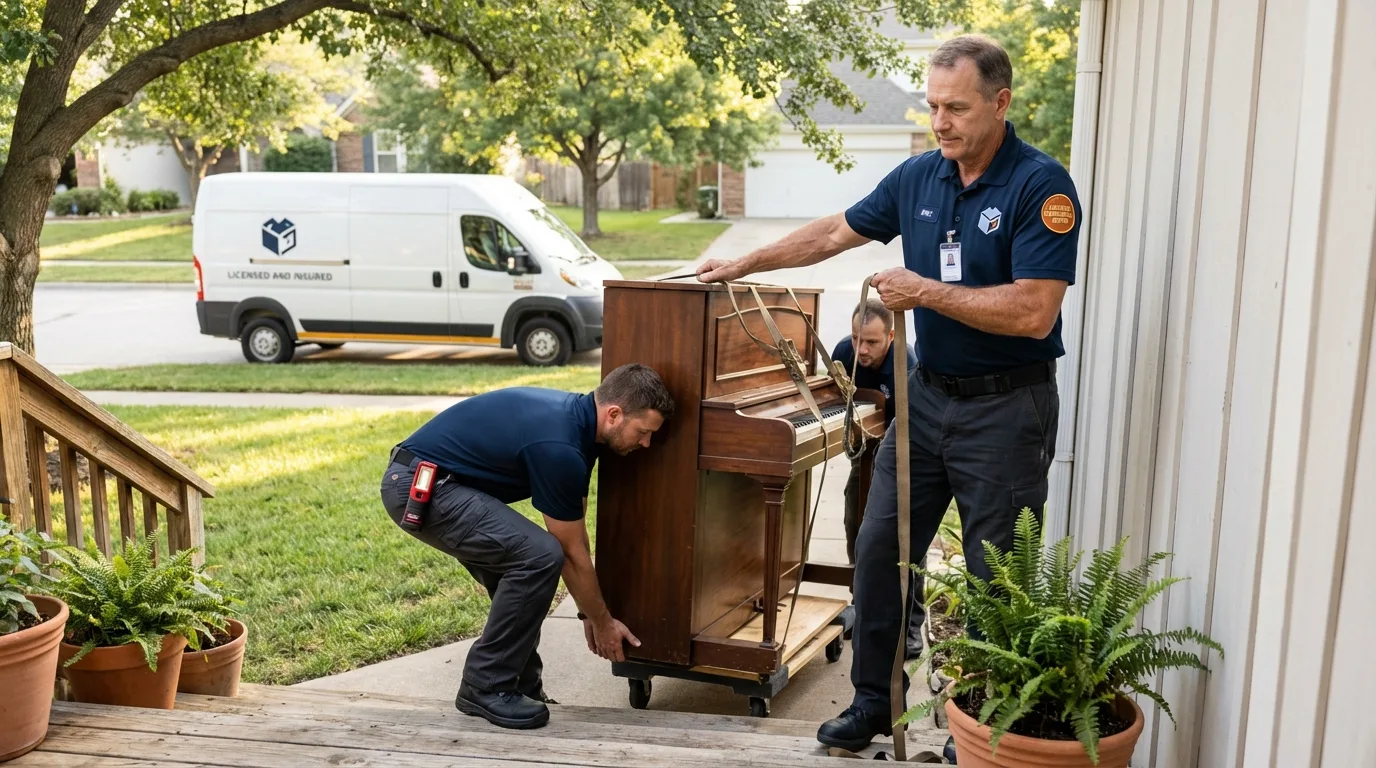 Licensed piano movers securing grand piano in New Cumberland, PA