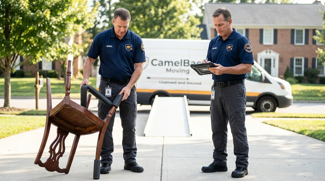 Movers inspecting furniture for damage prevention before loading in New Cumberland, PA