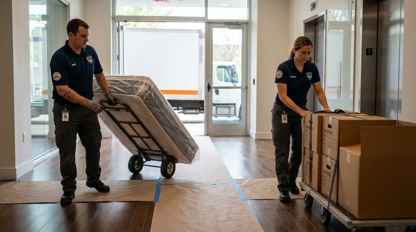 Professional apartment movers loading elevator in New Cumberland, PA