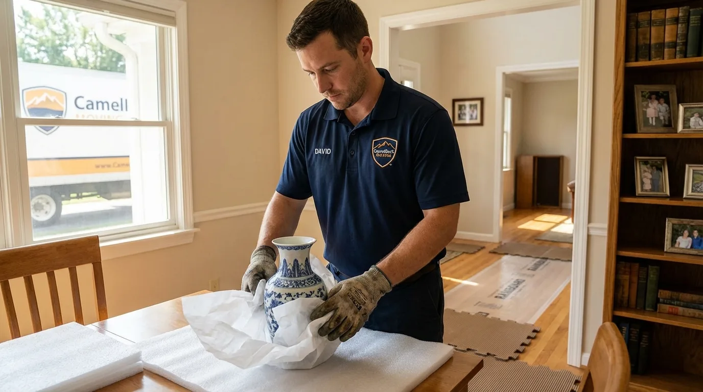 Professional crew carefully wrapping antique vase for senior downsizing move in New Cumberland, PA